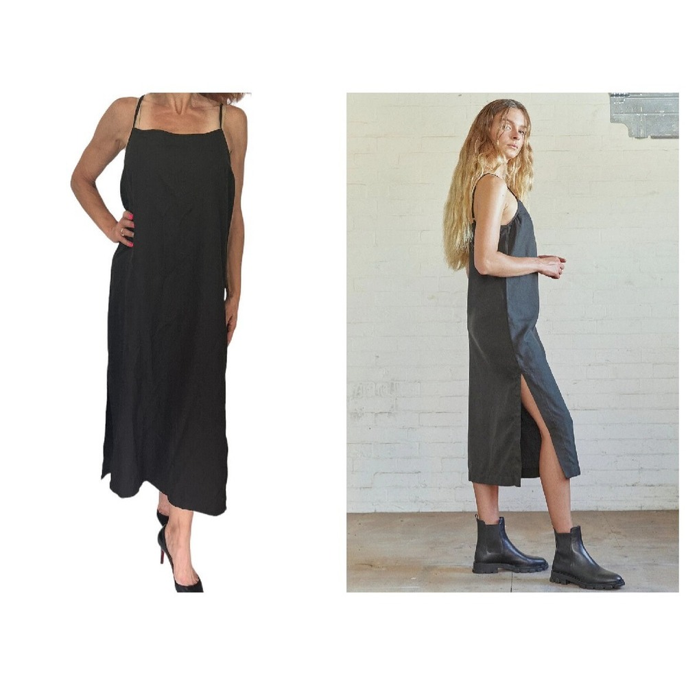 OUTLAND DENIM BLACK SLIP ADJUSTABLE STRAP  MIDI MAXI SLIT TENCEL DRESS NWT SZ L